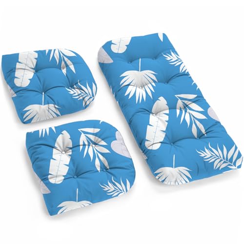 All Weather 3 Piece Wicker Furniture Chair Cushions, Waterproof Outdoor Wicker Chair Cushion for Patio Furniture Loveseat Settee Bench, 1 Loveseat and 2 U-Shaped Thickened Cushions, Blue Leaf - color: Blue Leaves