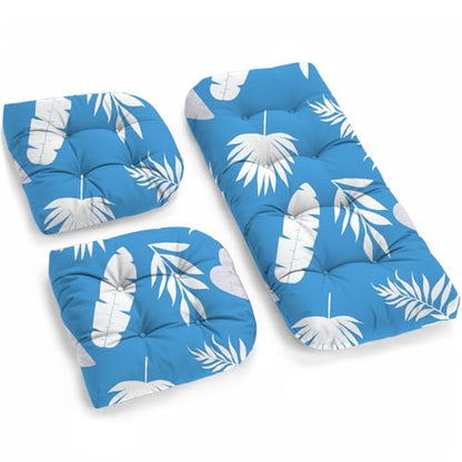 All Weather 3 Piece Wicker Furniture Chair Cushions, Waterproof Outdoor Wicker Chair Cushion for Patio Furniture Loveseat Settee Bench, 1 Loveseat and 2 U-Shaped Thickened Cushions, Blue Leaf - color: Blue Leaves