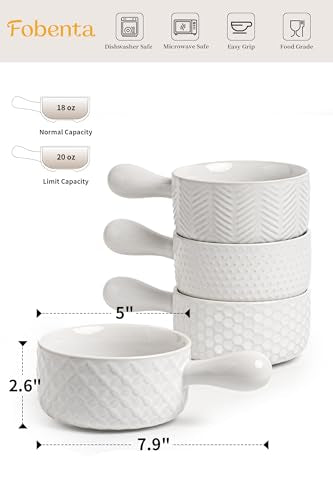 FOBENTA 20oz Ceramic Soup Bowls with Handle, Set of 4,Textured Embossed Stoneware for Chili, Stew, Cereal,Microwave & Dishwasher Safe, Rustic Dinner Bowls for Home Kitchen - size: 20 OZ-Single Handle