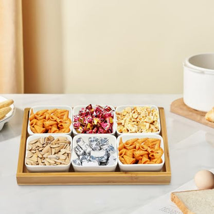 Ceramic Divided Serving Dishes with Bamboo Platter, 6 Piece Ceramic Snack Serving Tray&Fruit Tray, Platter Fruit Candies Condiments Food Bowls, with Wooden Serving Tray and Lids, for serving fries