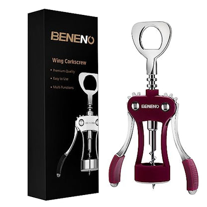 Beneno Wine Opener, Premium Wing Corkscrew Wine Bottle Opener, Purple | Durable Solid Zinc Alloy Body, Precise Sharp-Edged Screw, Ergonomic Non-Slip Grip Wing Handle, Multifunctional Bottle Openers - color: Purple