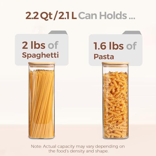 ComSaf Pasta Containers Storage 2.2 Qt, Spaghetti Jar, Set of 3 Tall Jars | Glass Storage Containers wtih Lids, 11.3-inch High Glass Kitchen Canisters Square, Cereal, Noodles, Oats, Dry Food, BPA Free - size: 2.2Qt*3