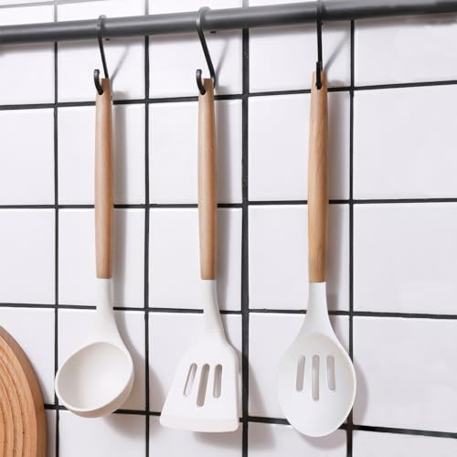 Silicone Kitchen Utensils Set of 5, Cooking Utensil Set with Heat Resistant Wooden Handle Non-Stick Silicone Spatula Spoon Turner Ladle, BPA FREE Cooking Kitchen Gadgets for Cookware & Baking - color: White, size: Standard 5-Piece Set