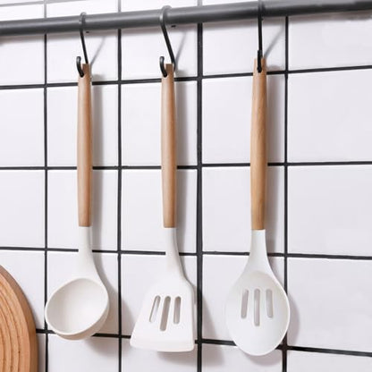 Kitchen Cooking Utensils Set 6Pcs Non-Stick Silicone Kitchen Utensils Spatula Spoon Turner Ladle Pasta Server, Heat Resistant Wooden Handle Silicone Cooking Gadgets Sets for Cookware & Baking - color: White, size: Standard 6-Piece Set