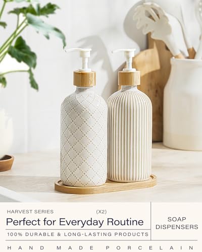 Getstar Hand and Dish Soap Dispenser Set, Ceramic Soap Dispenser for Bathroom and Kitchen with Rust Proof Pump and Bamboo Tray, Set of 2