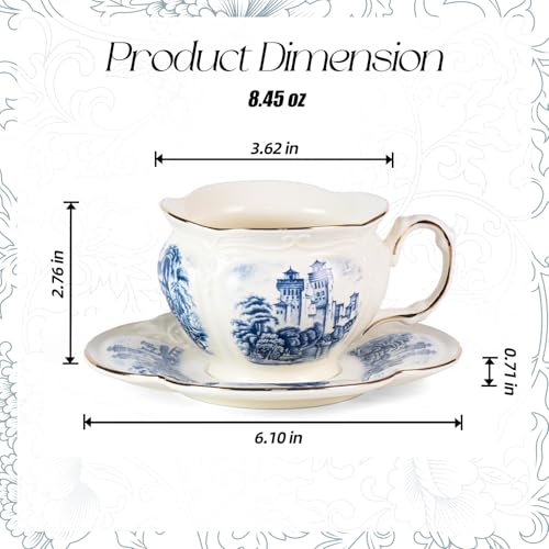 KAMMAK Tea Cups and Saucers Set of 2, 8 oz Porcelain Coffee Cups, SY001 | Stackable Espresso Mugs, Ceramic Demitasse for Coffee, Cappuccino, Latte, Americano, Tea - size: 8CZSY001
