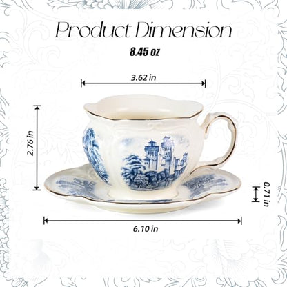 KAMMAK Tea Cups and Saucers Set of 2, 8 oz Porcelain Coffee Cups, SY001 | Stackable Espresso Mugs, Ceramic Demitasse for Coffee, Cappuccino, Latte, Americano, Tea - size: 8CZSY001