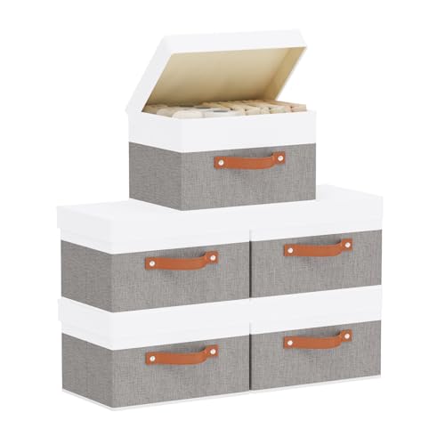Storage Bins with Lids,White/Grey Baskets,5Pack,13x9.1x7.9In | Storage Baskets with Handles,Fabric Clothing Boxes, Collapsible Organizer,Closet Container Cubes for Shelves Wardrobe - color: White/Grey, size: 13x9.1x7.9in(5-Pack)