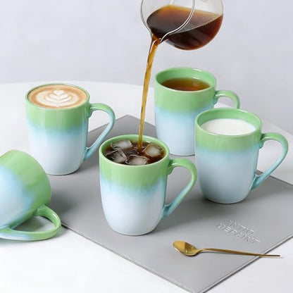 MONITO 17oz Ceramic Coffee Mugs Set of 6, Green Gradient Mugs with Handle | Mugs with Gold Rim for Latte,Tea&Cocoa,Dishwasher&Microwave Safe,Reactive Glaze Cups,Ideal Gift for Office and Home Use - color: White-green(14oz)