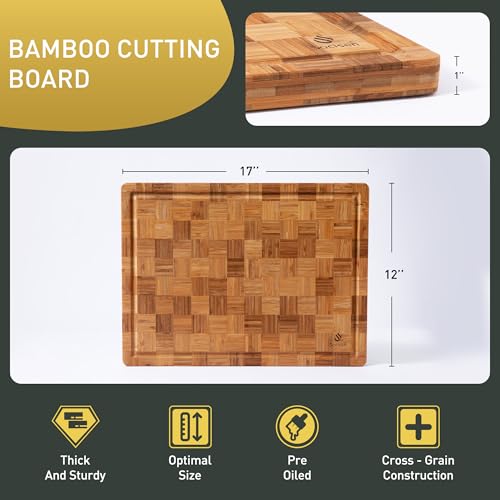 Bamboo Cutting Board 17'' Wood Cutting Boards for Kitchen Wooden Non Toxic | Heavy Duty, Solid & Durable, Juice Groove, Chopping Board, End Grain, Smart Flexible High Rank Stainless Steel Titanium - size: 17*12 in