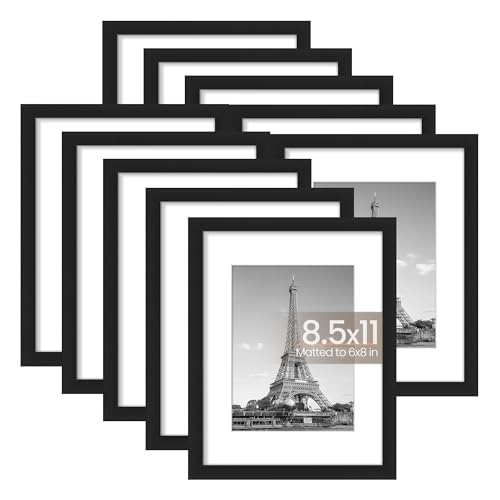 upsimples 8.5x11 Picture Frame Set of 10, Display Pictures 6x8 with Mat or 8.5x11 Without, Multi Photo Frames Collage for Wall or Tabletop Display, Black | Fit 6x8 Photos and 8.5x11 Certificate, Wall or Tabletop Display, For Gallery Hallway Living Room, F