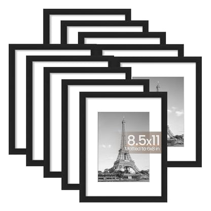 upsimples 8.5x11 Picture Frame Set of 10, Display Pictures 6x8 with Mat or 8.5x11 Without, Multi Photo Frames Collage for Wall or Tabletop Display, Black | Fit 6x8 Photos and 8.5x11 Certificate, Wall or Tabletop Display, For Gallery Hallway Living Room, F