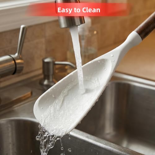2-Pack Silicone Spoonula with Wooden Handle, BPA-Free Spatula Spoon for Nonstick Cookware, Heat Resistant Cooking Spoon for Mixing, Scraping, Scooping and Serving(White) - color: White