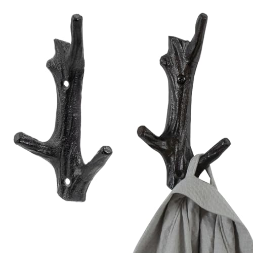 MyGift Vintage Dark Brown Cast Iron Tree Branch Design Wall Mounted Decorative Entryway Coat Hanging Hooks or Bathroom Towel and Robe Hangers, Set of 2