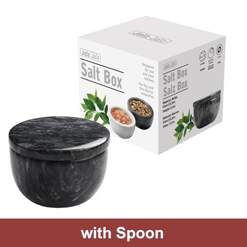 jalz jalz Black Marble Salt Cellar with Lid, Large 10oz Spice Keeper Pot with spoon - color: Black Cover Black Base