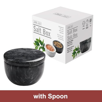 jalz jalz Black Marble Salt Cellar with Lid, Large 10oz Spice Keeper Pot with spoon - color: Black Cover Black Base