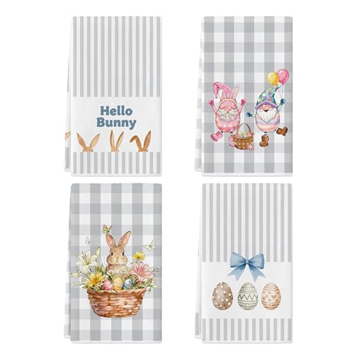 Buffalo Plaid Easter Kitchen Towels,Cute Rabbit Bunny Eggs Dish Towels Set of 4, Funny Gray Hand Towels 17x27 Inch,Spring Farmhouse Home Decoration, Floral Basket Tea Cloths (Easter-Gray) - color: Easter-gray