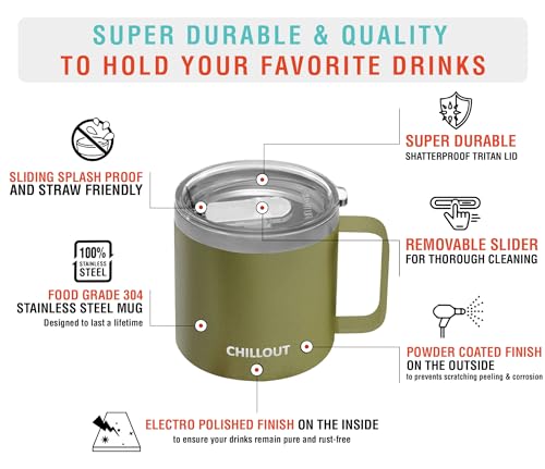 CHILLOUT LIFE Stainless Steel 16 oz (Set of 2) Vacuum Insulated Coffee Mug with Handle and Lid, Large Thermal Camping Coffee Mugs with Sliding Lid for Men & Women - color: Army Green, size: 16 Ounces - 2 Pack