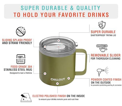 CHILLOUT LIFE Stainless Steel 16 oz (Set of 2) Vacuum Insulated Coffee Mug with Handle and Lid, Large Thermal Camping Coffee Mugs with Sliding Lid for Men & Women - color: Army Green, size: 16 Ounces - 2 Pack