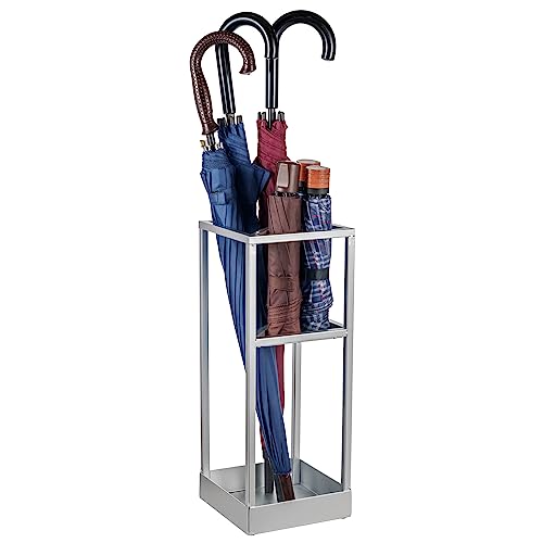MyGift 20 Inch Tall Modern Silver Tone Metal Geometric Freestanding Entryway Umbrella Rack or Cane Holder with Shelf for Small Umbrellas and Bottom Drip Tray - color: Silver, size: 7.8″(Square)