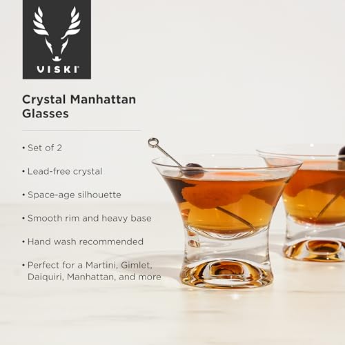 Viski Heavy Base Stemless Manhattan Glasses Set of 2 - Premium Crystal Cocktail Glass, Stemless Martini Glasses, Cocktail Glass Gift Set, 7 oz - style: Classic