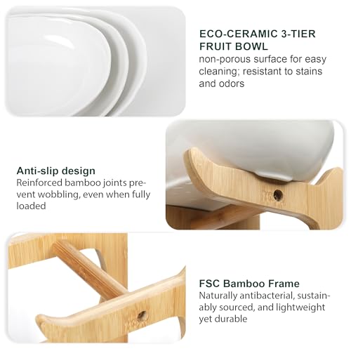 SEVEN SPARTA Fruit Bowl for Kitchen Counter - 3 Tier Ceramic Serving Bowls with Bamboo Stand, Tiered Fruit Basket for Fruit Vegetable Storage, Cake, Dessert, Nuts, Snack, Salad (Dishwasher safe) - style: 3 Tier