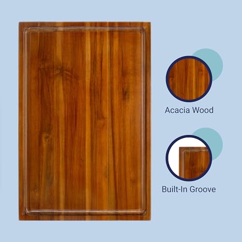 happimess Eldridge Extra Large 24" x 18" Acacia Cutting Board, Brown | Handcrafted, 1 Inch Thick, Reversible Design, Juice Grooves, Authentic Wood Grain, Rectangular, Farmhouse Style - color: Brown, size: 24"L x 18"W