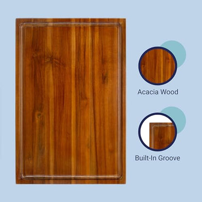 happimess Eldridge Extra Large 24" x 18" Acacia Cutting Board, Brown | Handcrafted, 1 Inch Thick, Reversible Design, Juice Grooves, Authentic Wood Grain, Rectangular, Farmhouse Style - color: Brown, size: 24"L x 18"W