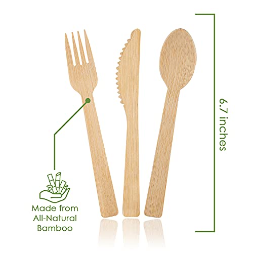 100% Bamboo Forks Spoons Knives Cutlery Combo Set - 380 Large Compostable Disposable Utensils (7 in.) Eco Friendly Durable and Tree Free Alternative to Wooden Silverware with Convenient Tray