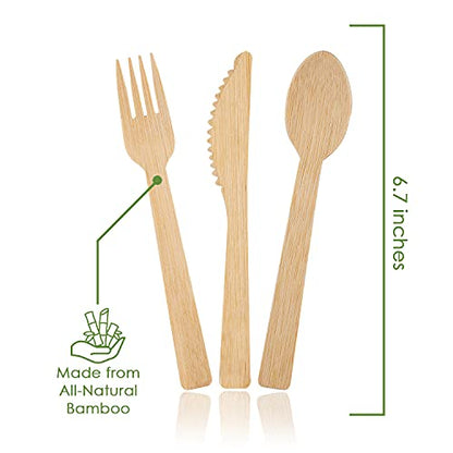 100% Bamboo Forks Spoons Knives Cutlery Combo Set - 380 Large Compostable Disposable Utensils (7 in.) Eco Friendly Durable and Tree Free Alternative to Wooden Silverware with Convenient Tray