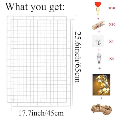 2 Pack Large Wall Grid Panels with Light and Clips, Photo Display Board, Picture Frame Collage Board, Wire Grid Wall Panel Room Decoration,White - color: White
