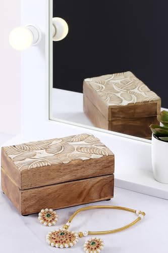Mother's Day Wooden Hand White Wash Leaf Design Jewelry Storage Box Holder | Tarot Card Trinket Keepsake Wooden Storage Box Perfect Gifts for Women 6x4x2.5 Inch