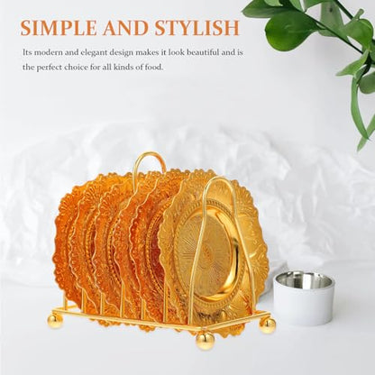 Cabilock 7pcs Gold Snack Tray Set with Rack, Small Appetizer Plates and Coasters, Creative Food Serving and Storage for Home Dining and Party Use