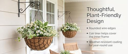 Kingbuy 12 Inch Metal Hanging Planter Basket 2 Pack - with Coconut Fiber Liners, Rustproof 3-Chain System, Quick Drainage for Indoor/Outdoor Window Balcony Patio, Weather-Resistant Coating - size: 12 Inch, style: Grid