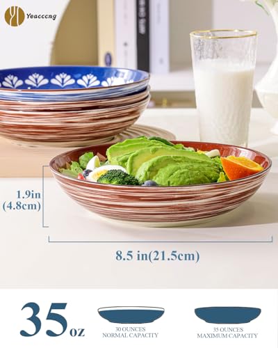 Yeacccng Bohemian Pasta Bowls Set of 6, 8.5 Inch 35 Oz Ceramic Serving Bowls, Blue Color Block Design, Lead-Free Cadmium-Free, Dishwasher Microwave Oven Safe, Scratch-Resistant Salad Soup Bowls - size: 8.5 inch pasta bowl (Blue*6)