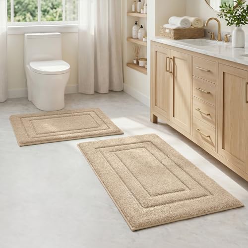 HOMEIDEAS Bathroom Rugs Sets 2 Piece, Super Soft and Absorbent Non Slip Microfiber Machine Washable Bath Mat Set (20" x 32" + 16" x 24", Beige) - color: Loop- Beige, size: 1'4" x 2'8" (16"x24"+20"x32")