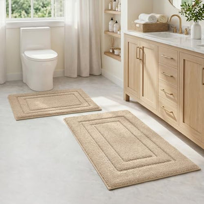 HOMEIDEAS Bathroom Rugs Sets 2 Piece, Super Soft and Absorbent Non Slip Microfiber Machine Washable Bath Mat Set (20" x 32" + 16" x 24", Beige) - color: Loop- Beige, size: 1'4" x 2'8" (16"x24"+20"x32")