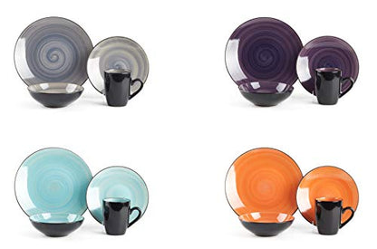 HomeVss Sonoma 16 Piece Stoneware Dinner Set, Samoa, Outside Black + Inside Hand painted Combi Colors of Grey, Orange, Purple and Turquoise) with speckle - color: Combi Grey, Orange, Purple and Turquoise