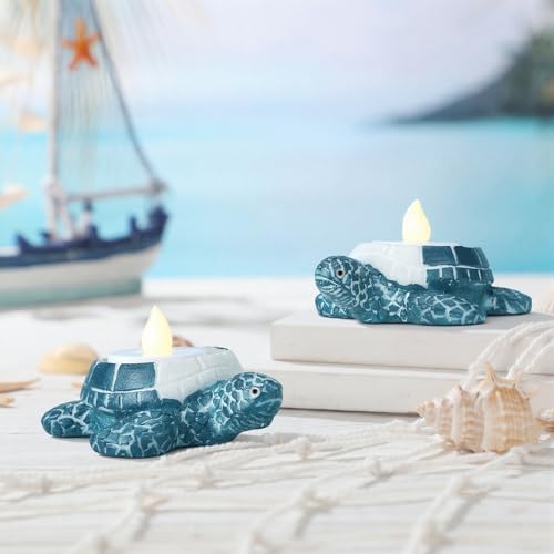 Reallnaive 2 Pcs Sea Turtle Tealight Candle Holder for Beach, Ocean Ceramic Turtle Candle Holder, Rustic Nautical Coastal Table Decor for Beach Bar Home Kitchen Housewarming Decor Gifts