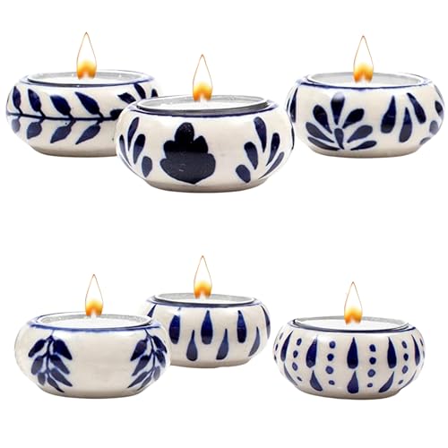 Ceramic Tealight Holder Set of 6 - Hand-Painted Candle Holders with Wax Tealights - Decorative Votive for Home, Party, Wedding, Festive & Gift Décor (White Blue) - ALPHA Living HOME