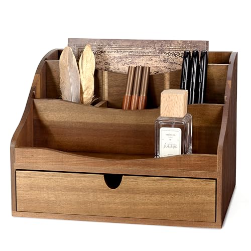 Rebee Vision Acacia Wood Mail Organizer for Desk with Drawer, Brown | Countertop Mail Holder with Dividers, 4-Slot Letter Sorter, Office Accessories, Desktop Organizer, Apartment Decor Aesthetic - color: A-Acacia Wood