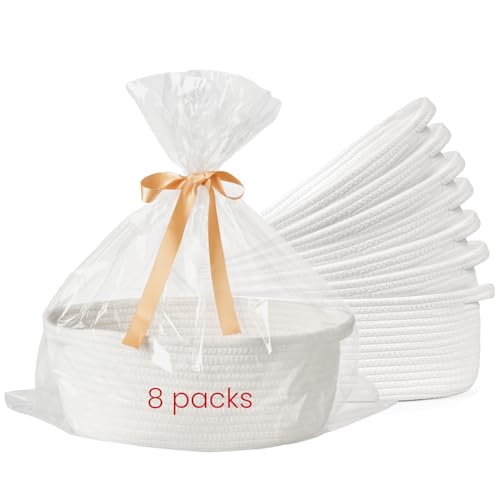 8-Pack Small Woven Gift Baskets Empty with Bags & Ribbons, Storage Basket for Father's Day for Dad, Baby Shower, Raffle, Birthday, Cute Organizer with Handles, 12"x8"x5", White - color: White, size: 8 Packs