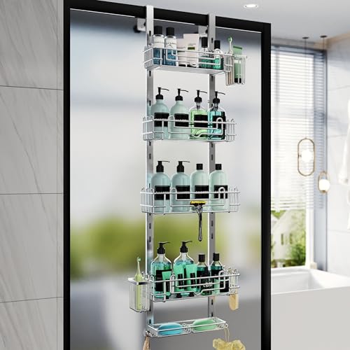 HapiRm 5 Tier Over the Door Shower Caddy, Hanging Shower Caddy with 28 Hooks and 2 Toothbrush Holders, No Drilling Adjustable Hanging Bathroom Organizer - Silver - color: Silver, size: 5-tier