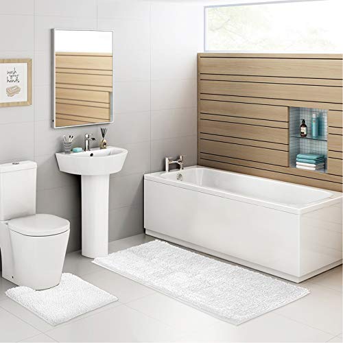 Standard 3pc Non-Slip Shaggy Chenille Bathroom Mat Set, Includes 24"x21" U-Shaped Contour Toilet Rug, 34"x 21" Bathmat and 1 Toilet Lid Cover, White - color: White, size: 24''x21’’, 34’’x21’’ and TLC (Set)