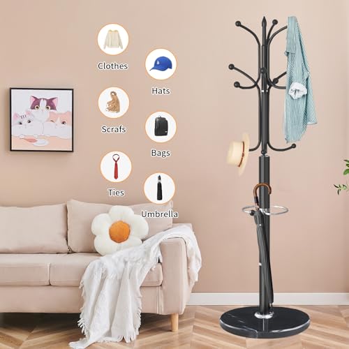 ZOZOE Metal Coat Rack Stand, Modern Coat Rack Freestanding with Natural Marble Base, Sturdy Coat Racks with 12 Hooks & Umbrella Holder,Black Coat Tree Hanger Stand for Bags,Hats,Entryway,Office - color: Black 12 Hooks