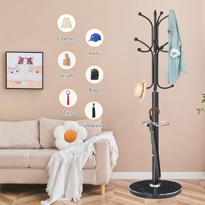 ZOZOE Metal Coat Rack Stand, Modern Coat Rack Freestanding with Natural Marble Base, Sturdy Coat Racks with 12 Hooks & Umbrella Holder,Black Coat Tree Hanger Stand for Bags,Hats,Entryway,Office - color: Black 12 Hooks
