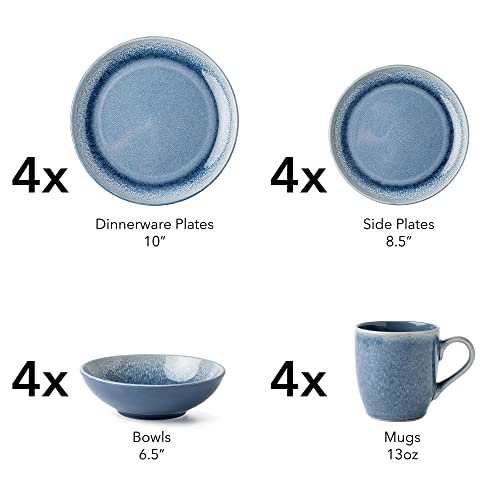 Arora FAIT Round Stoneware 16pc Dinnerware Set for 4, Dinner Plates, Side Plates, Cereal Bowls, Mugs - Reactive Glaze Blue (463014) - color: Blue-Bowl/Mug, style: Round-Service for 4(16pcs)