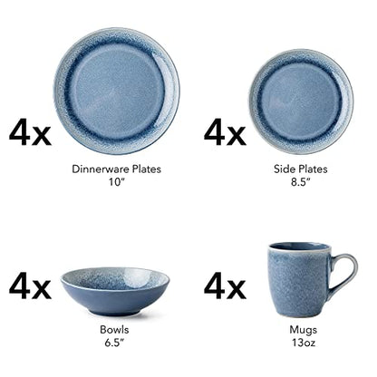 Arora FAIT Round Stoneware 16pc Dinnerware Set for 4, Dinner Plates, Side Plates, Cereal Bowls, Mugs - Reactive Glaze Blue (463014) - color: Blue-Bowl/Mug, style: Round-Service for 4(16pcs)