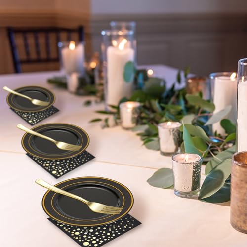 Black and Gold Dessert Plates Set, 100 Plates, Forks and Cocktail Napkins | Sturdy plastic, cake service, appetizer tables, salad course, weddings, graduations, easy cleanup - color: Black, style: Plates,Forks and Napkins