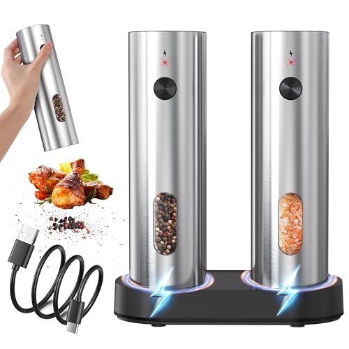 Rechargeable Salt and Pepper Grinder Set,Automatic Rechargeable, LED Light, External Adjustable Coarseness, Upgrade Large Capacity, Rechargeable Base Kitchen, Dining & BBQ, Gifts for Women Mom(Silver)